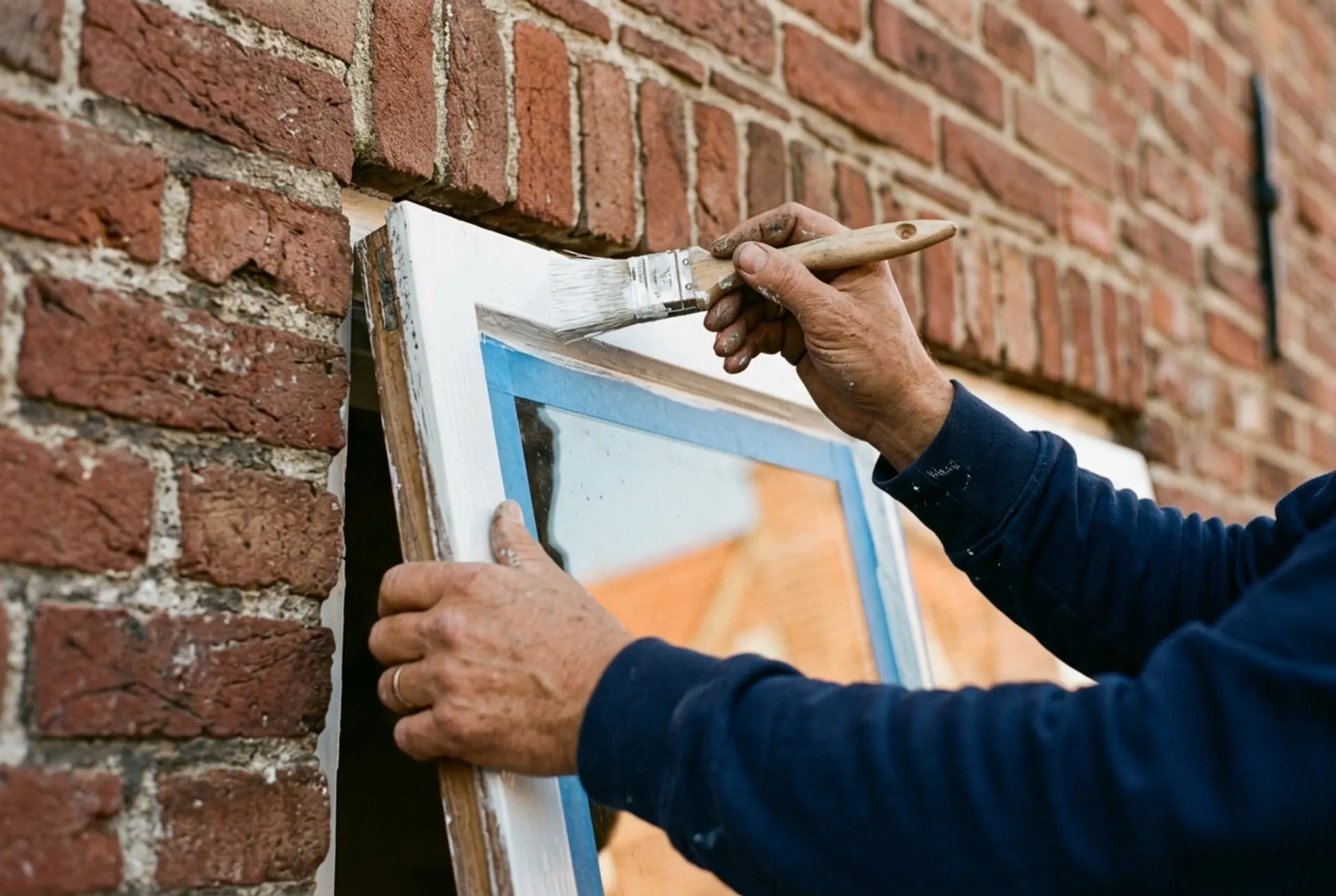 Schilder werkt zorgvuldig aan het kozijn van een Nederlandse woning
