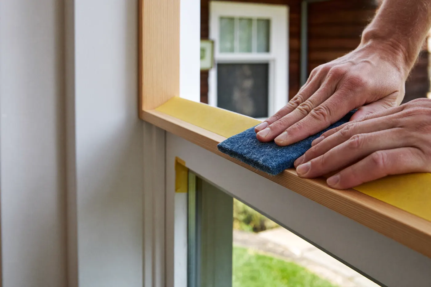 Close-up van een vakman die een houten kozijn schuurt en voorbereidt